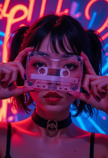 AI generated image: Woman with cassette tape and neon lighting