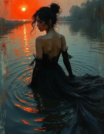 AI generated image: Elegant woman in water at sunset