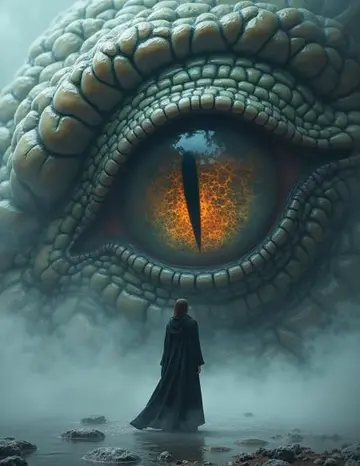 AI generated image: Giant dragon eye with small figure