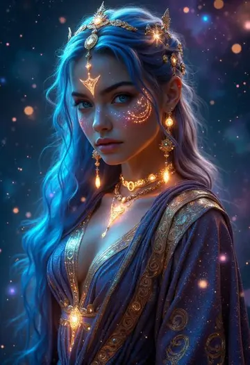 AI generated image: Blue-haired fantasy character with jewelry