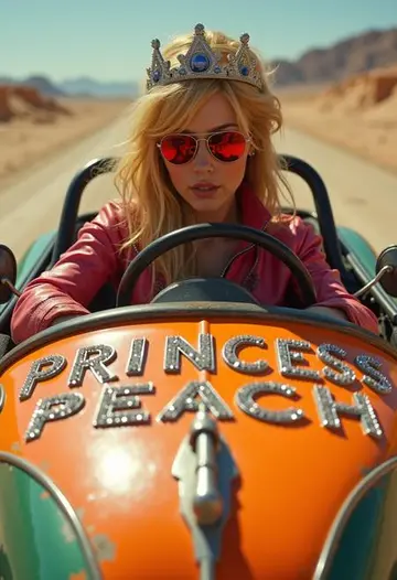 AI generated image: Princess Peach style woman driving race car