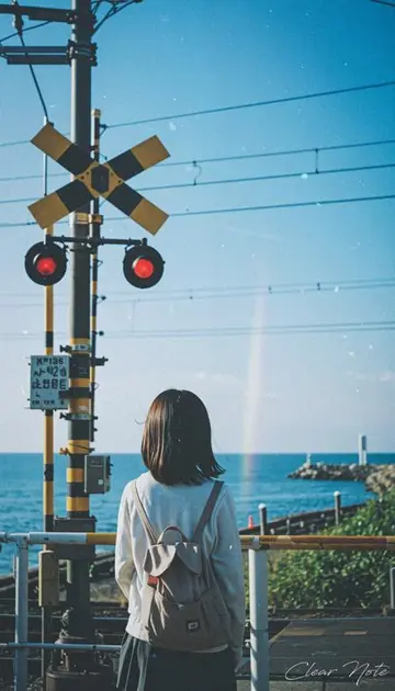 AI generated image: Woman at railway crossing with ocean view