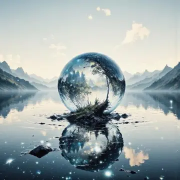 AI generated image: Glass sphere reflecting mountains on lake