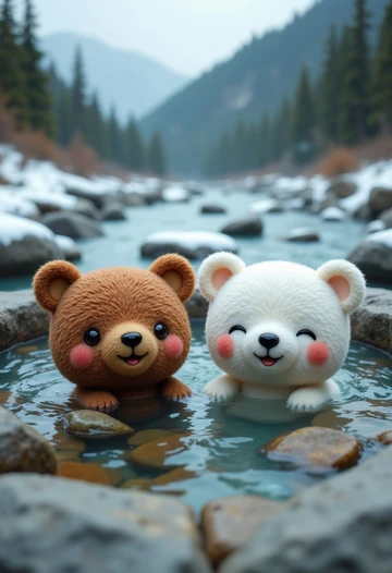 AI generated image: Two cute teddy bears by mountain stream