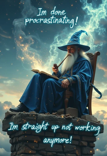 AI generated image: Wizard with procrastination text meme